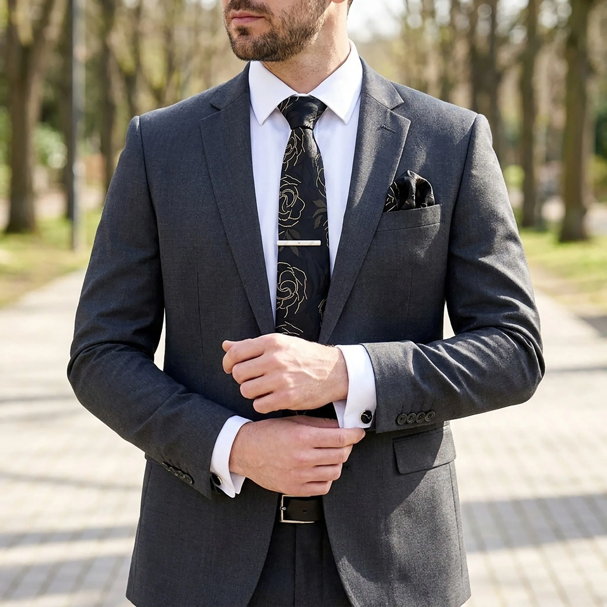 Men's Rose Floral Tie Gift Set with Matching Pocket Square Cufflinks and Silver Tie Clip sold by Anna-Kaci product image thumbnail 5