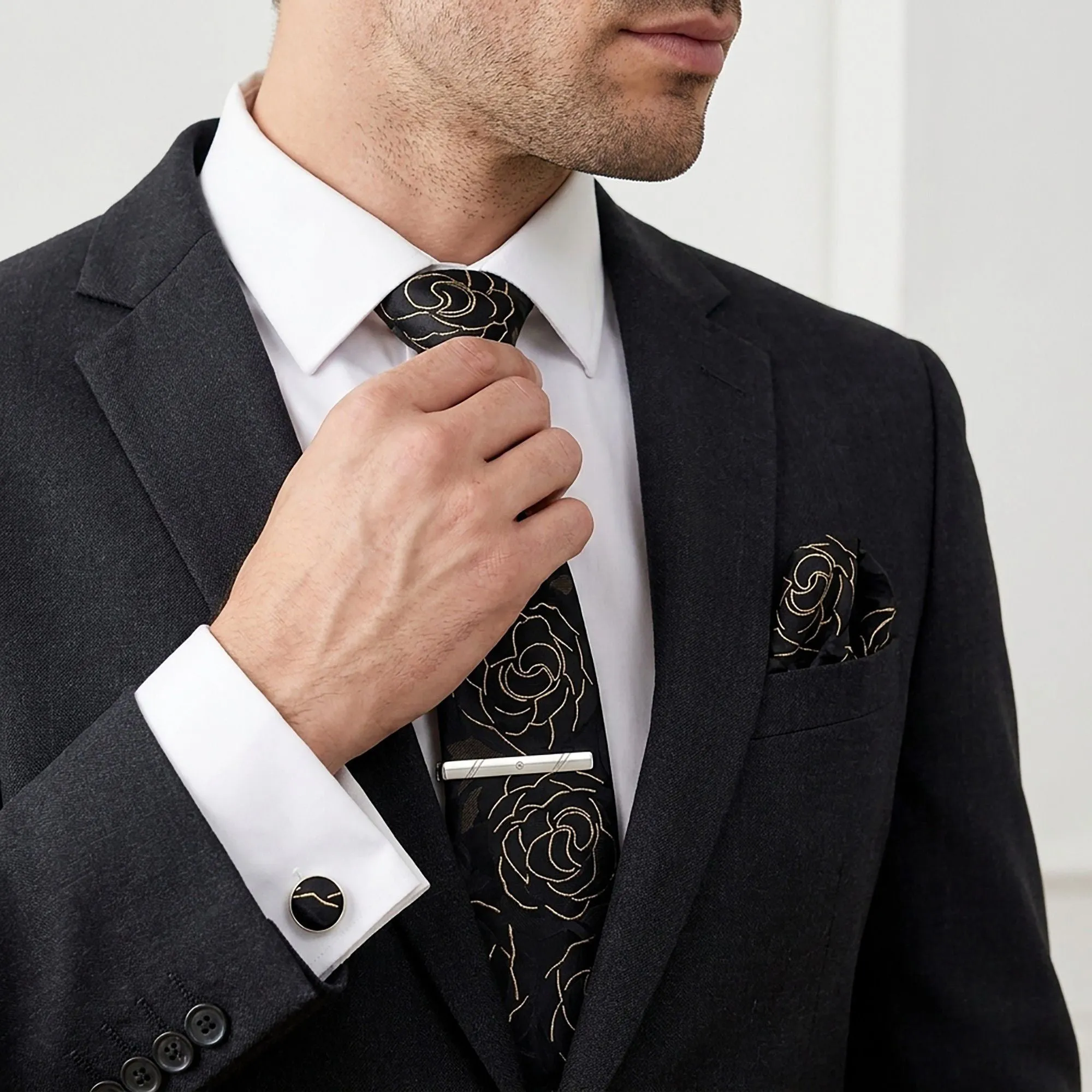 Men's Rose Floral Tie Gift Set with Matching Pocket Square Cufflinks and Silver Tie Clip sold by Anna-Kaci product image thumbnail 4