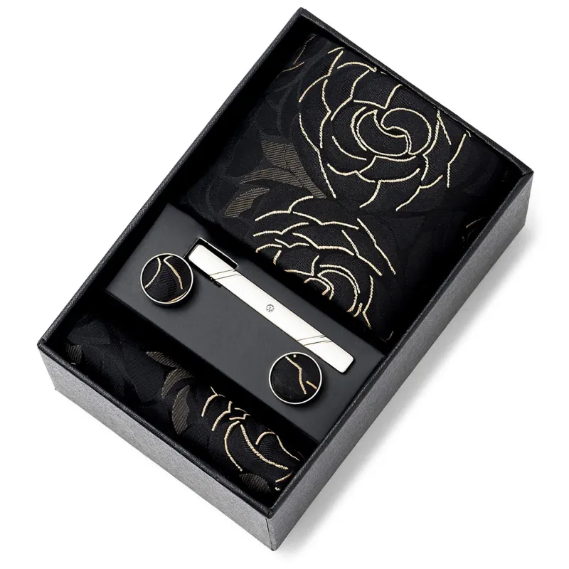Men's Rose Floral Tie Gift Set with Matching Pocket Square Cufflinks and Silver Tie Clip made by Anna-Kaci