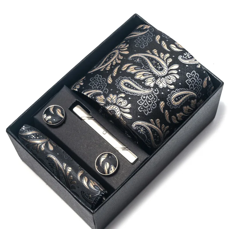 Men's Paisley Floral Tie Gift Set with Matching Pocket Square Cufflinks and Silver Tie Clip made by Anna-Kaci