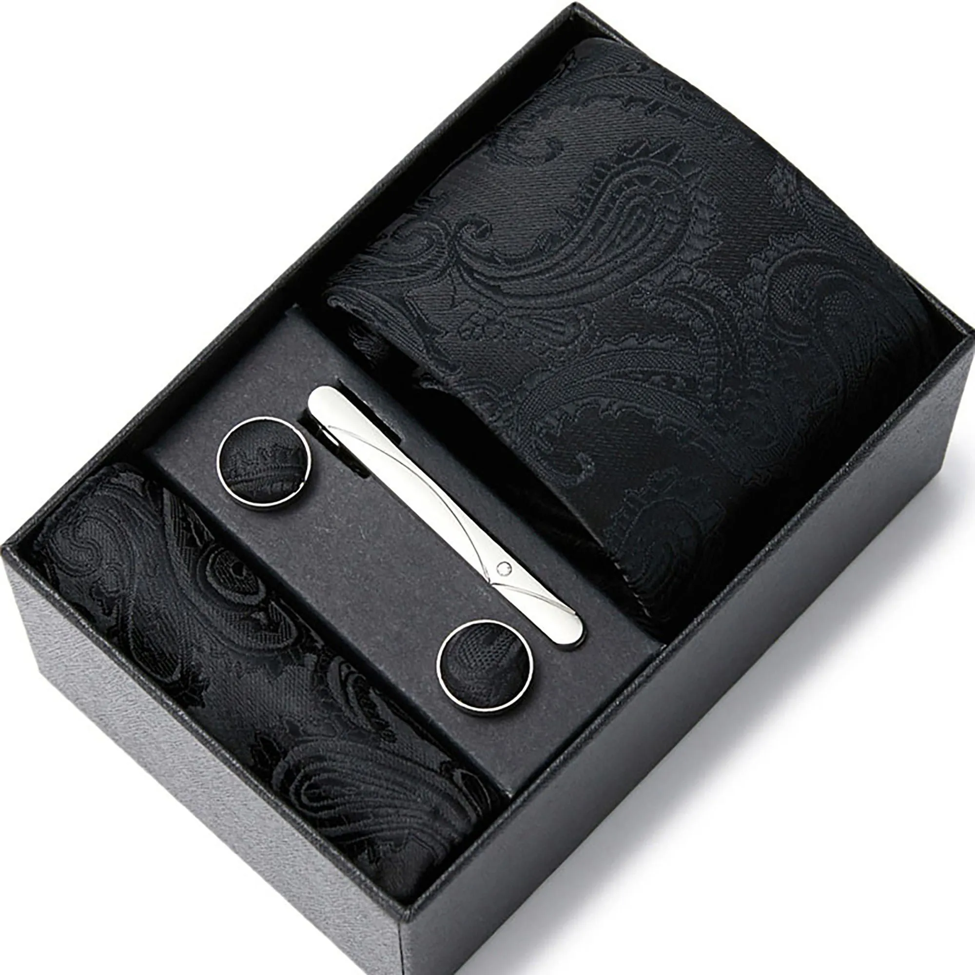 Men's Floral Pattern Tie Gift Set with Matching Pocket Square Cufflinks and Silver Tie Clip sold by Anna-Kaci