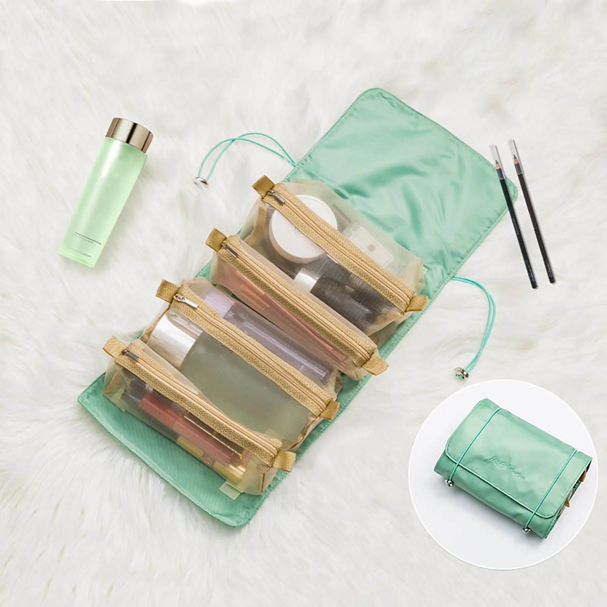 Hanging Travel Toiletry Bag with Clear Zipper Compartments and Roll-Up Organizer Design sold by Anna-Kaci product image thumbnail 3