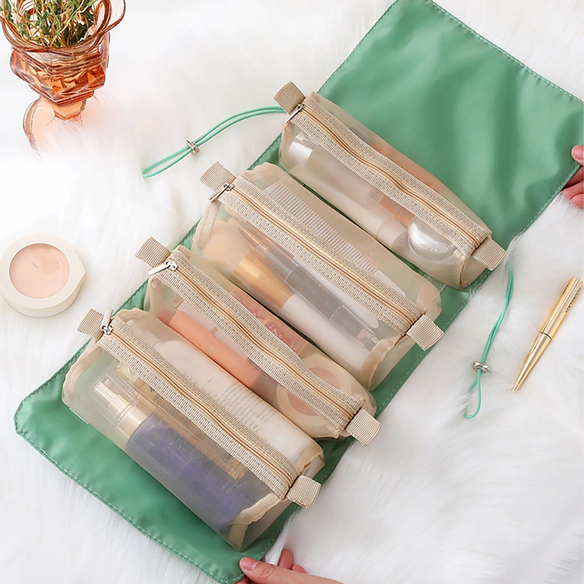 Hanging Travel Toiletry Bag with Clear Zipper Compartments and Roll-Up Organizer Design sold by Anna-Kaci product image thumbnail 2