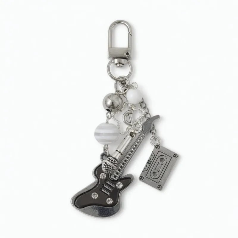 Guitar Charm Keychain with Microphone Tape Pendant Music Theme Bag Charm Key Ring Accessory made by Anna-Kaci