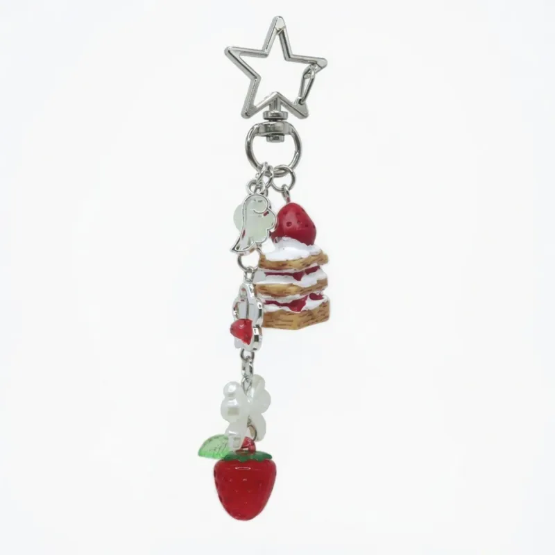 Dessert Charm Keychain with Strawberry Pendant Cake Detail Star Clip Bag Charm Key Ring Accessory made by Anna-Kaci