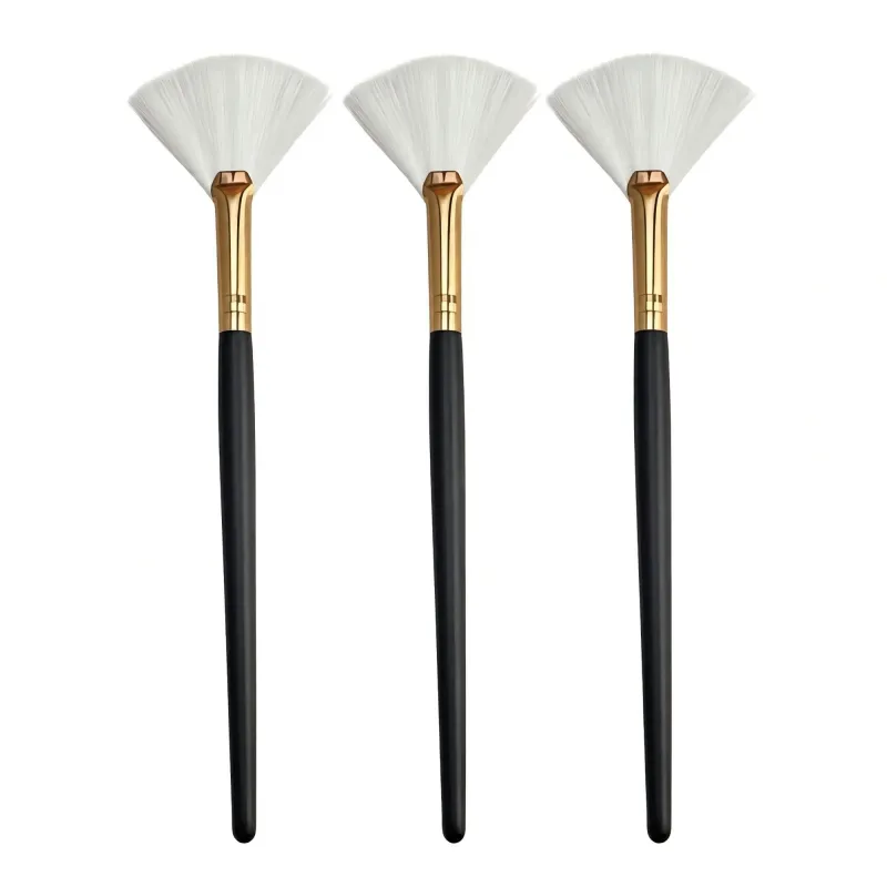 3-Piece Fan Makeup Brush Set with Soft Bristles Gold Tone Ferrules and Black Handles made by Anna-Kaci