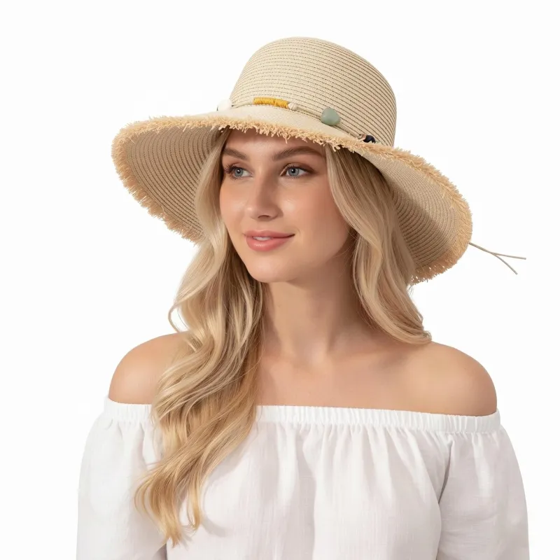 Straw Sun Hat Wide Brim Beaded Trim Summer Beach Vacation Hat Lightweight made by Anna-Kaci