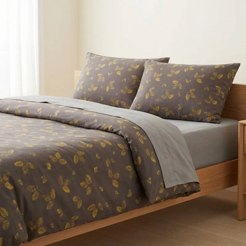 4-Piece Cotton Bedding Set with Leaf Print Duvet Cover, Pillowcases, and Flat Sheet made by Anna-Kaci
