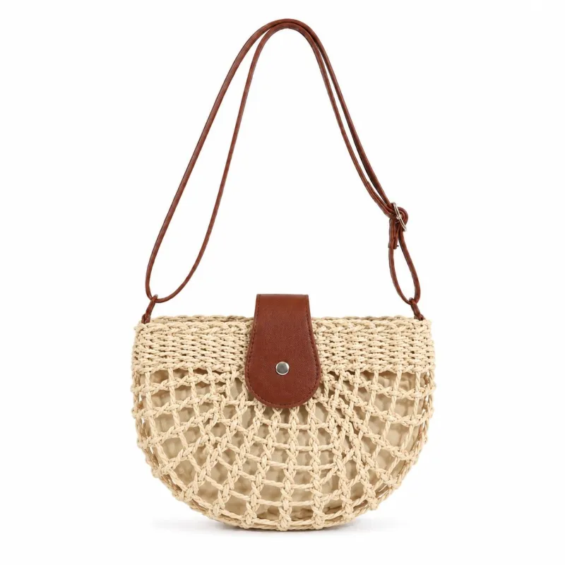 Woven Straw Crescent Crossbody Handbag with Adjustable Shoulder Strap made by Anna-Kaci