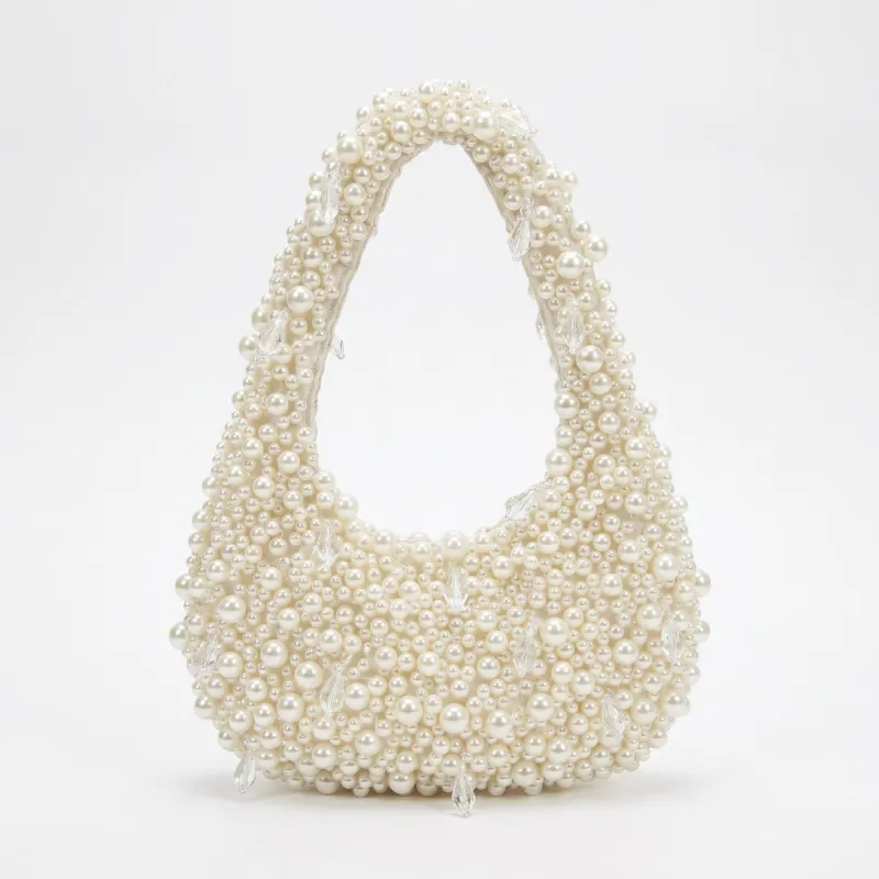 Faux Pearl Embellished Shoulder Bag with Crystal Accents Hand Beaded Crescent Handbag 10x2x13.7 in made by Anna-Kaci