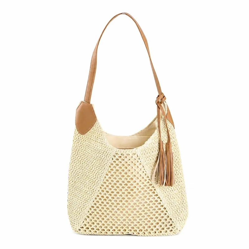 Woven Paper Fiber Shoulder Tote Bag Large Capacity Crochet Handbag with Tassel Accent made by Anna-Kaci