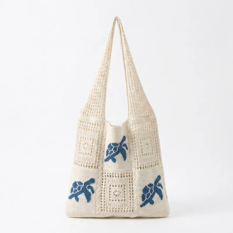Knit Tote Bag Floral Pattern Shoulder Bag Open Top Casual Everyday Carry Handbag made by Anna-Kaci