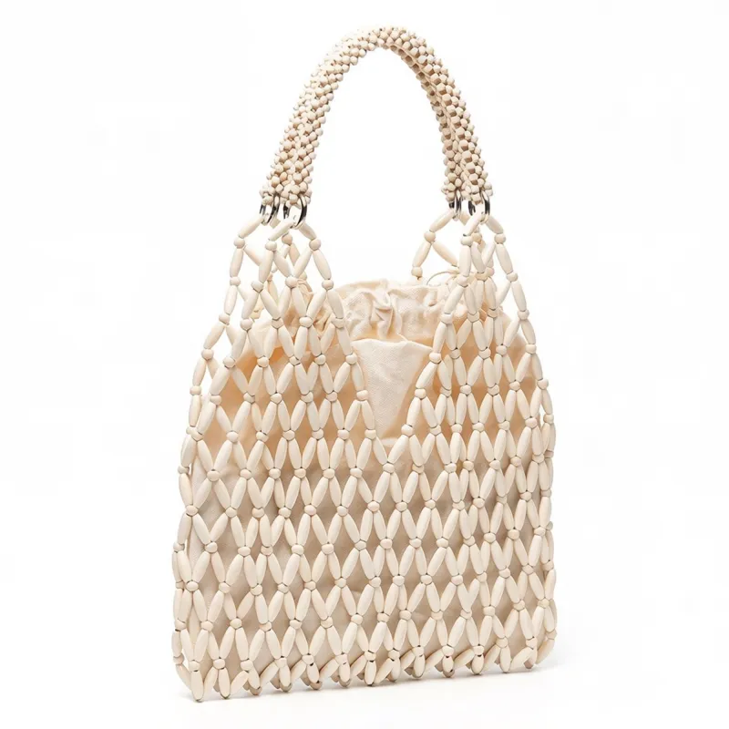 Beaded Tote Bag with Inner Pouch Soft Structured Wooden Bead Handbag Open Weave Shoulder Bag Lightweight Carryall made by Anna-Kaci