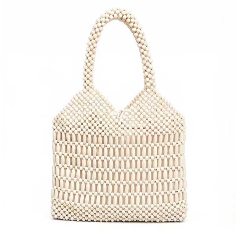 Beaded Tote Bag Structured Wooden Bead Handbag Open Weave Large Shoulder Bag Lightweight Carryall Purse made by Anna-Kaci