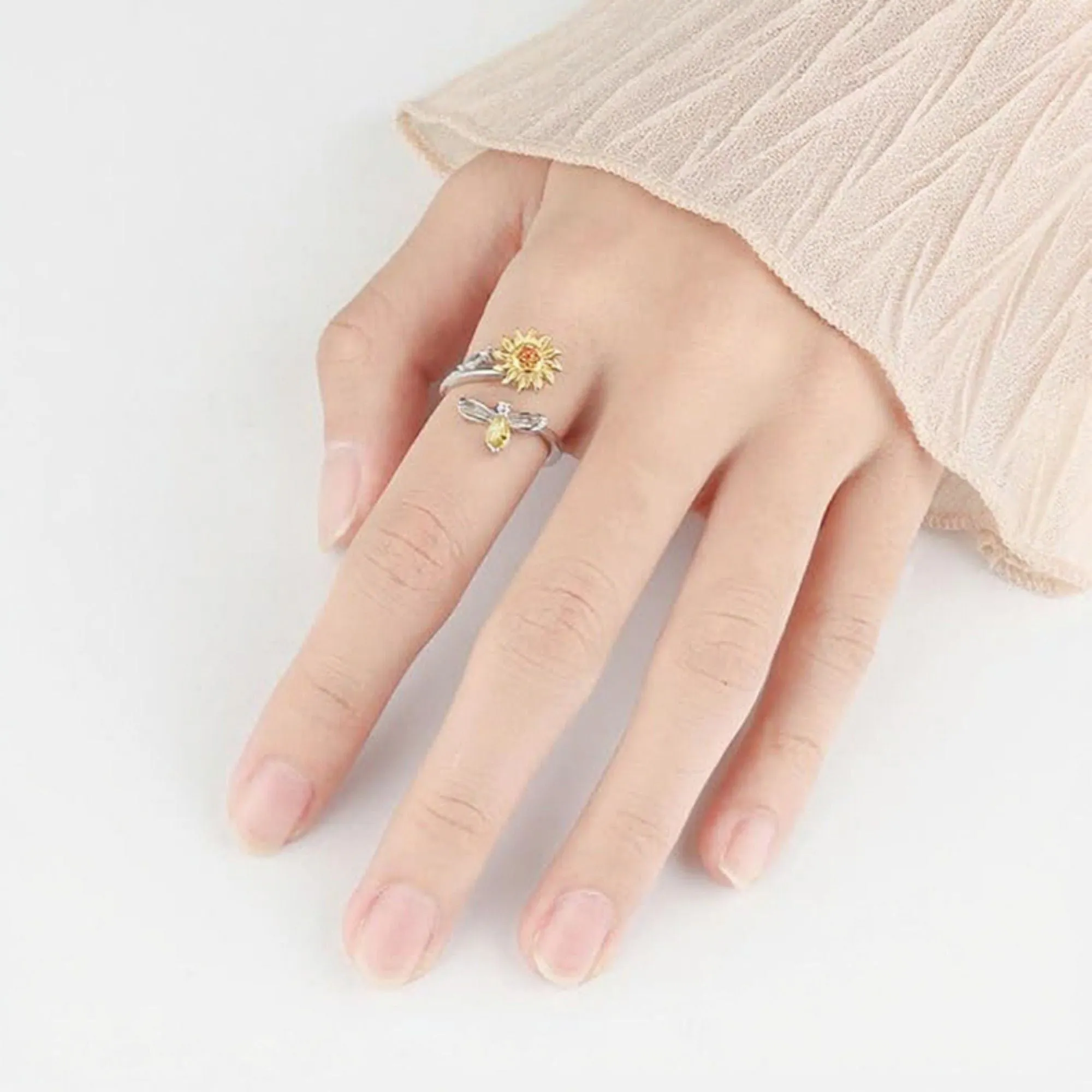 Women's Sunflower Adjustable Ring with Delicate Leaf Accent and Silver Tone Band 0.6in sold by Anna-Kaci product image thumbnail 3