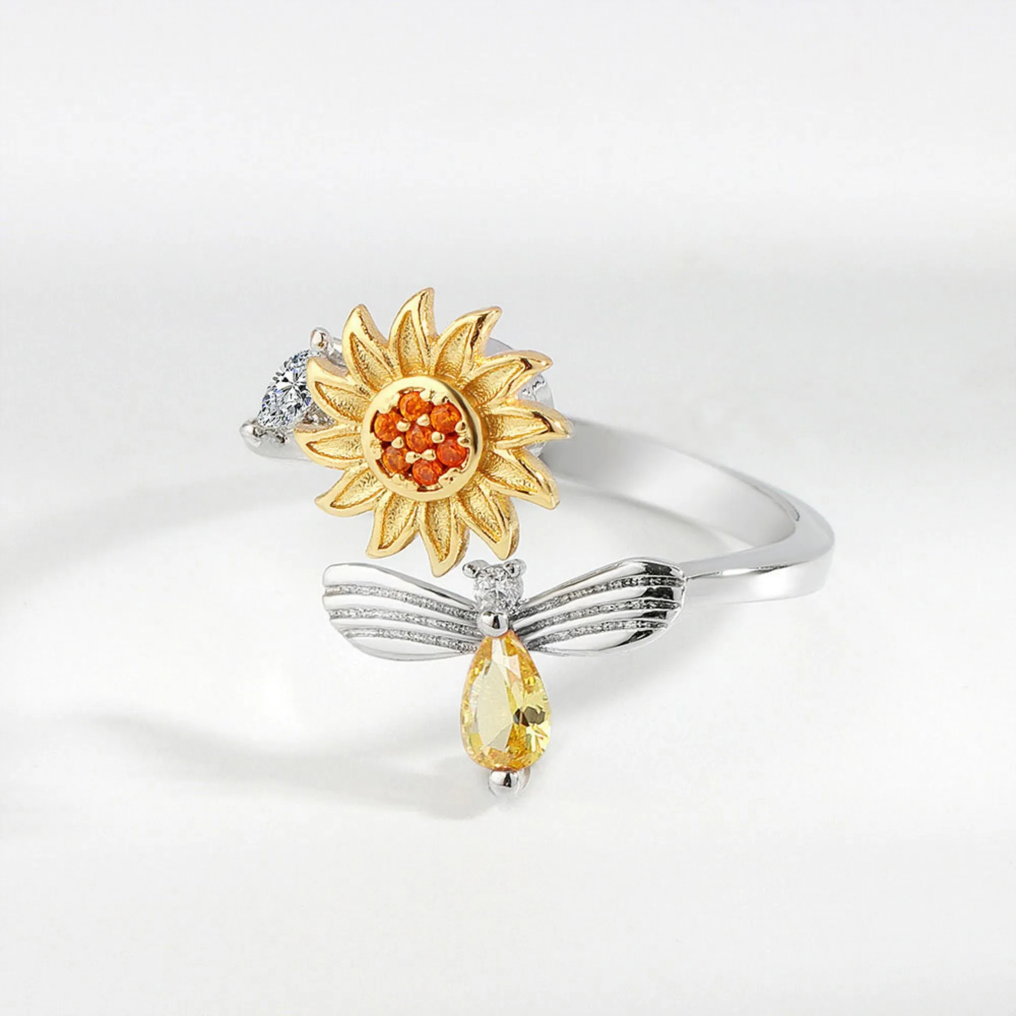 Women's Sunflower Adjustable Ring with Delicate Leaf Accent and Silver Tone Band 0.6in sold by Anna-Kaci product image thumbnail 4