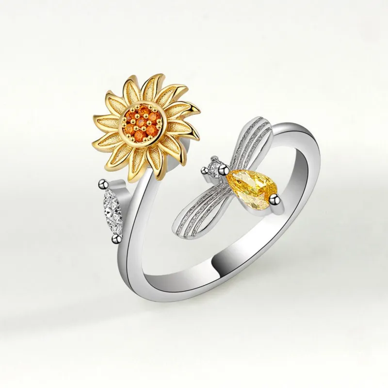 Women's Sunflower Adjustable Ring with Delicate Leaf Accent and Silver Tone Band 0.6in made by Anna-Kaci