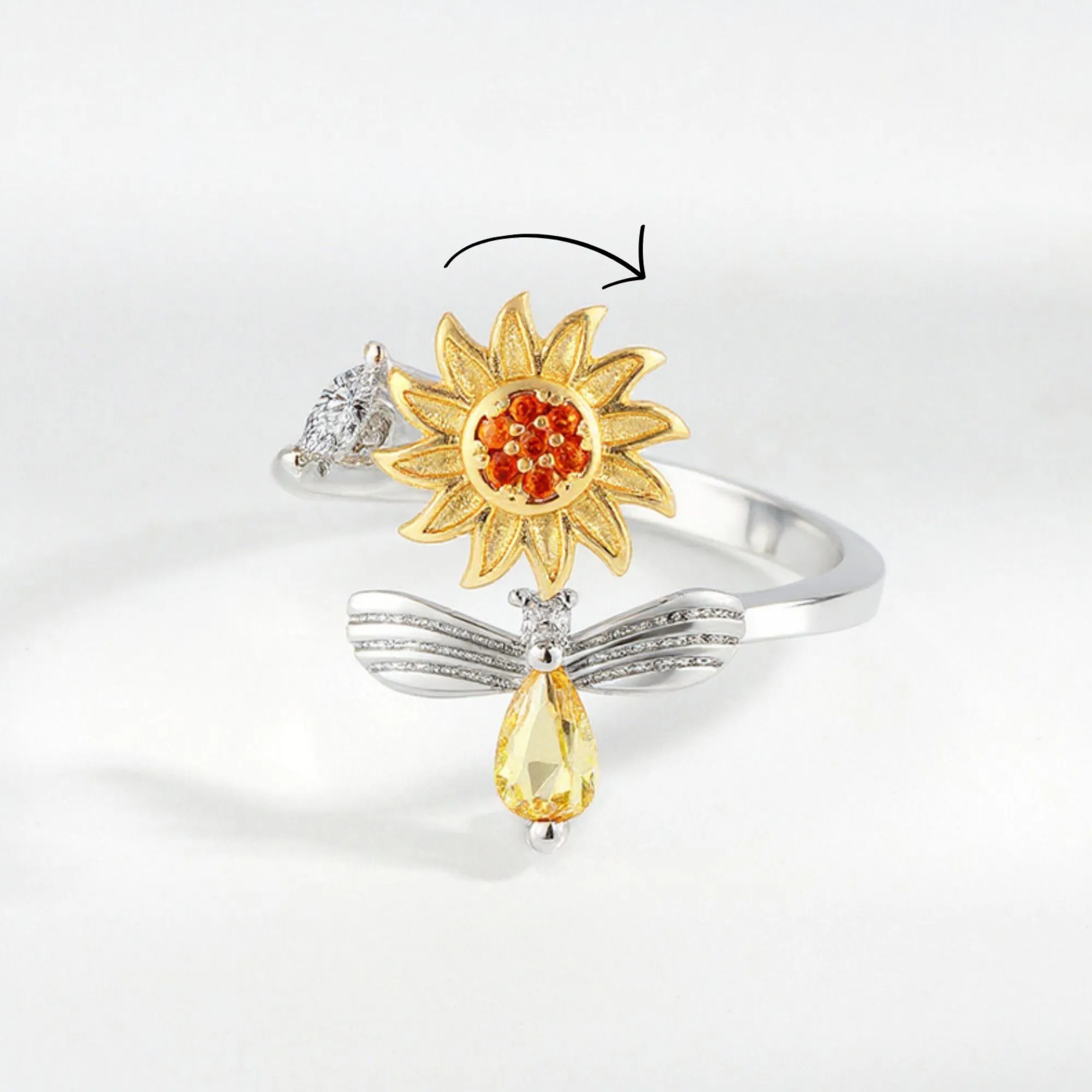 Women's Sunflower Adjustable Ring with Delicate Leaf Accent and Silver Tone Band 0.6in sold by Anna-Kaci product image thumbnail 2