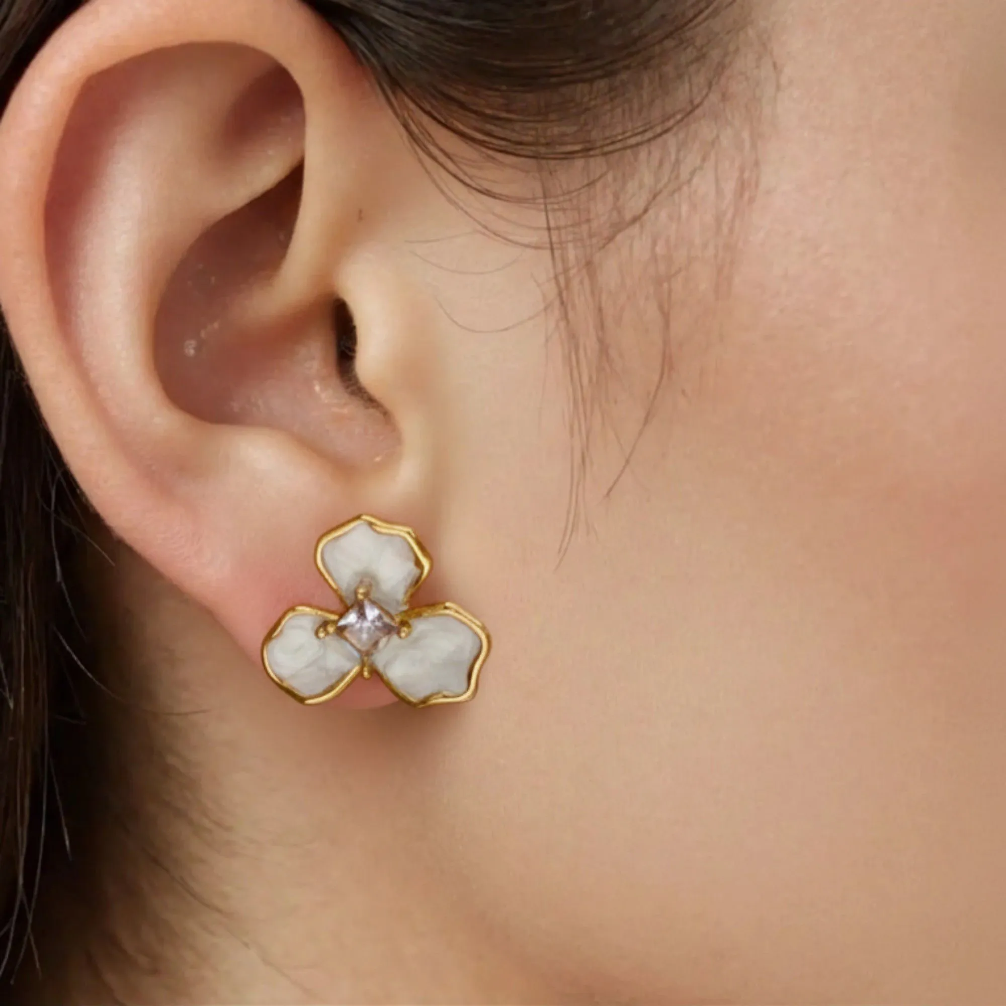 Women's Floral Stud Earrings with Gold Trim, Iridescent Petal Details and Sparkling Center Gemstone Accents for Elegant Style sold by Anna-Kaci product image thumbnail 4