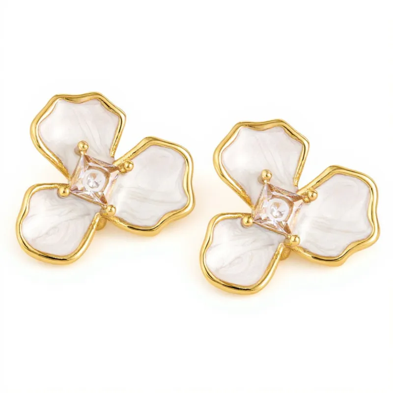 Women's Floral Stud Earrings with Gold Trim, Iridescent Petal Details and Sparkling Center Gemstone Accents for Elegant Style made by Anna-Kaci