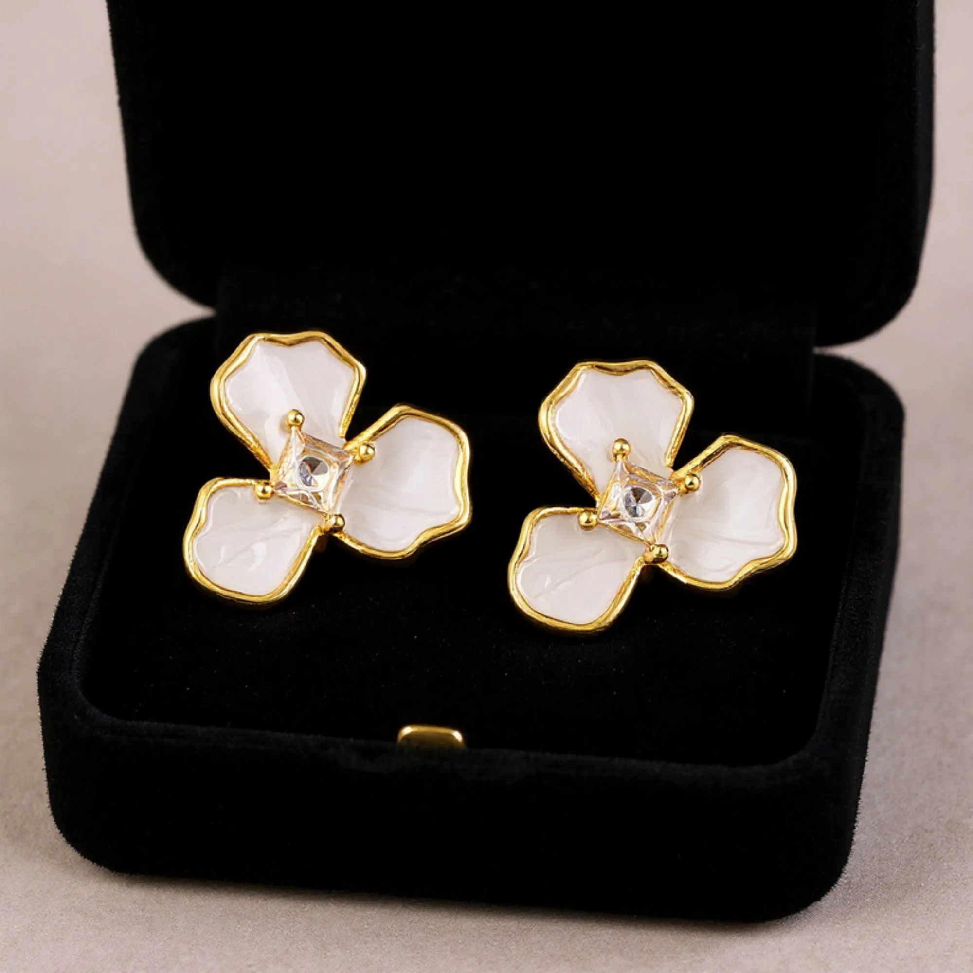 Women's Floral Stud Earrings with Gold Trim, Iridescent Petal Details and Sparkling Center Gemstone Accents for Elegant Style sold by Anna-Kaci product image thumbnail 2