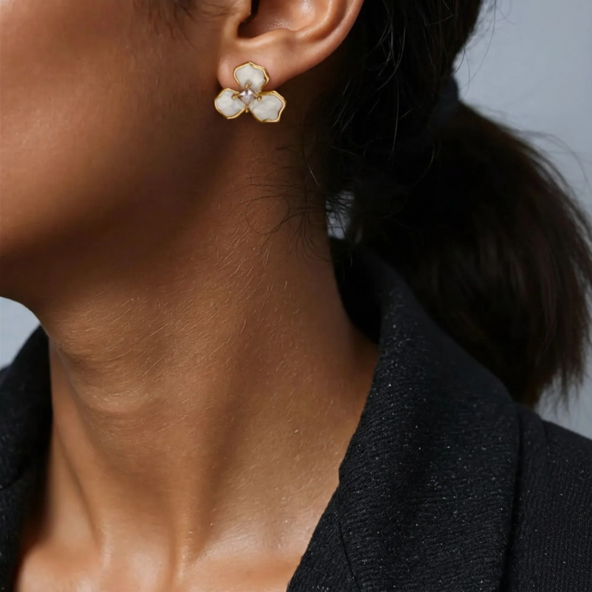 Women's Floral Stud Earrings with Gold Trim, Iridescent Petal Details and Sparkling Center Gemstone Accents for Elegant Style sold by Anna-Kaci product image thumbnail 3