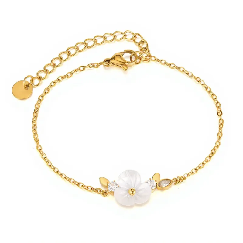 Women's Delicate Floral Charm Bracelet with Gold Tone Chain and Petite Mother-of-Pearl Style Flower Accents made by Anna-Kaci