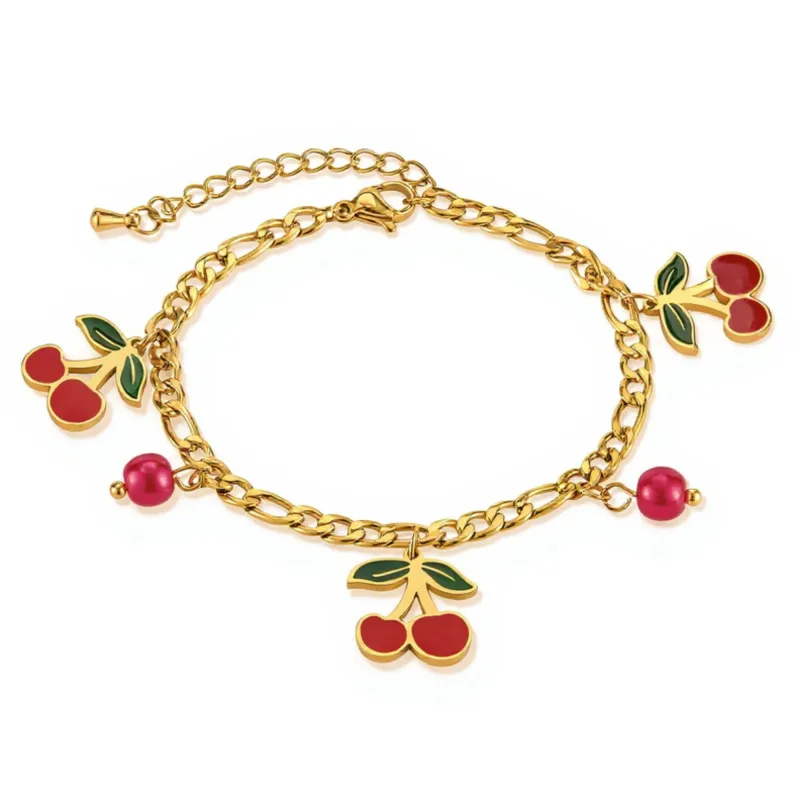 Cherry Charm Bracelet with Double Chain Links and Playful Fruit-Themed Pendants for a Cute Whimsical Accessory Style made by Anna-Kaci