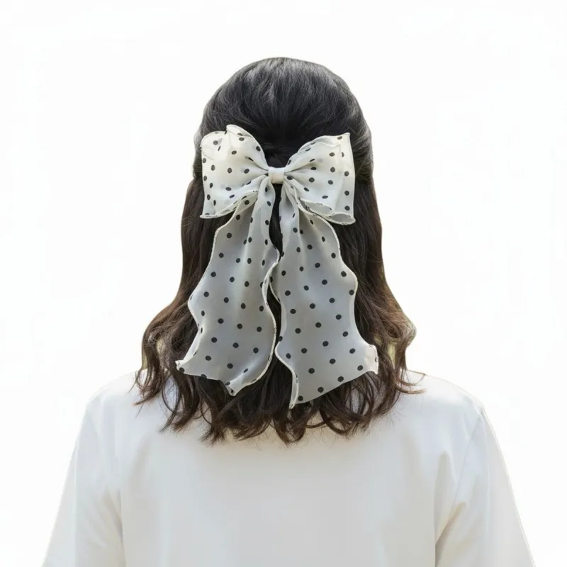 Polka Dot Chiffon Bow Hair Clip with Flowing Ribbon Tails and Lightweight Sheer Fabric made by Anna-Kaci