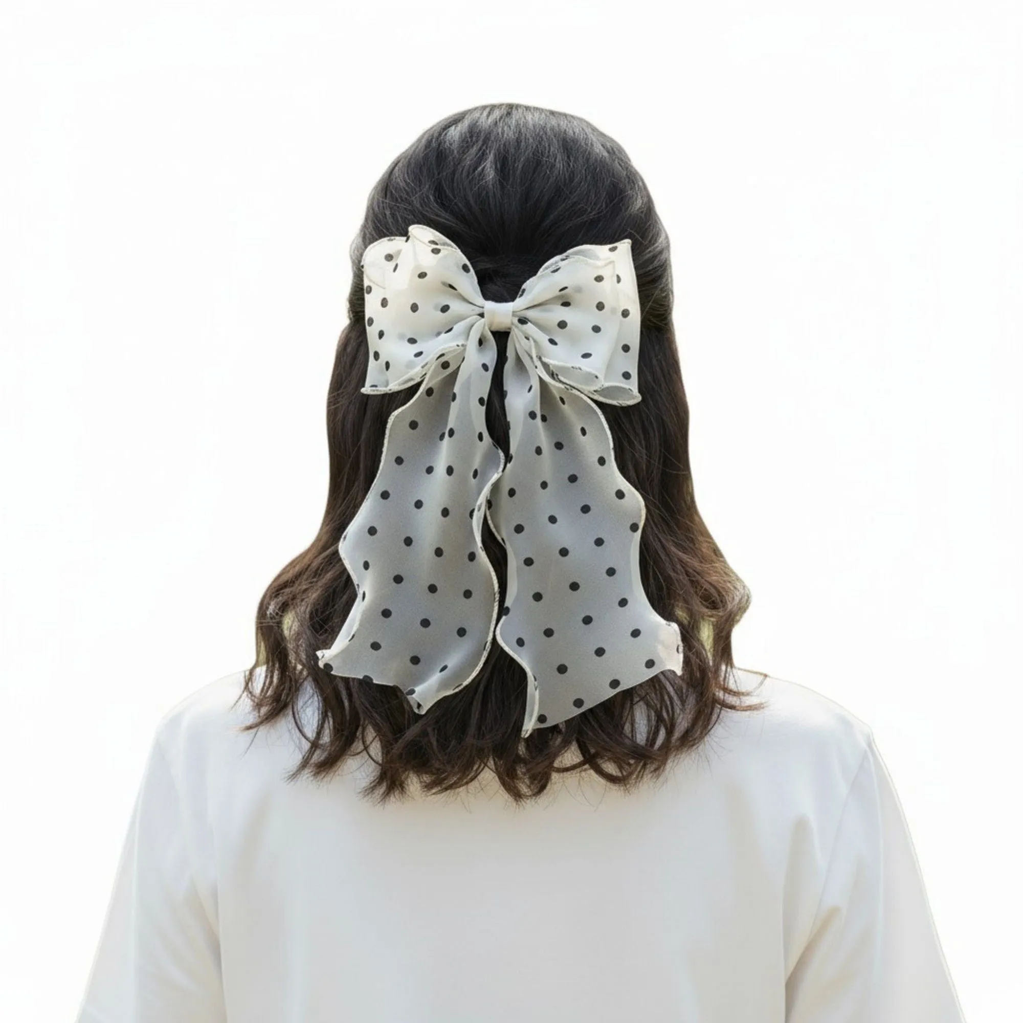 Polka Dot Chiffon Bow Hair Clip with Flowing Ribbon Tails and Lightweight Sheer Fabric sold by Anna-Kaci