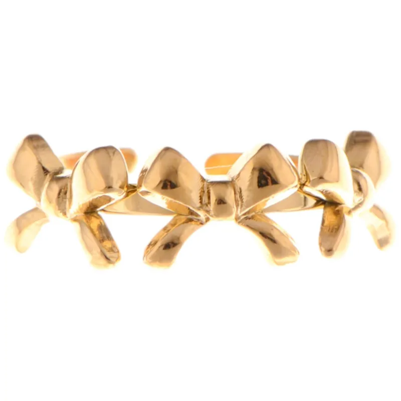 Gold Tone Bow Design Adjustable Fashion Ring with Triple Bow Accents made by Anna-Kaci