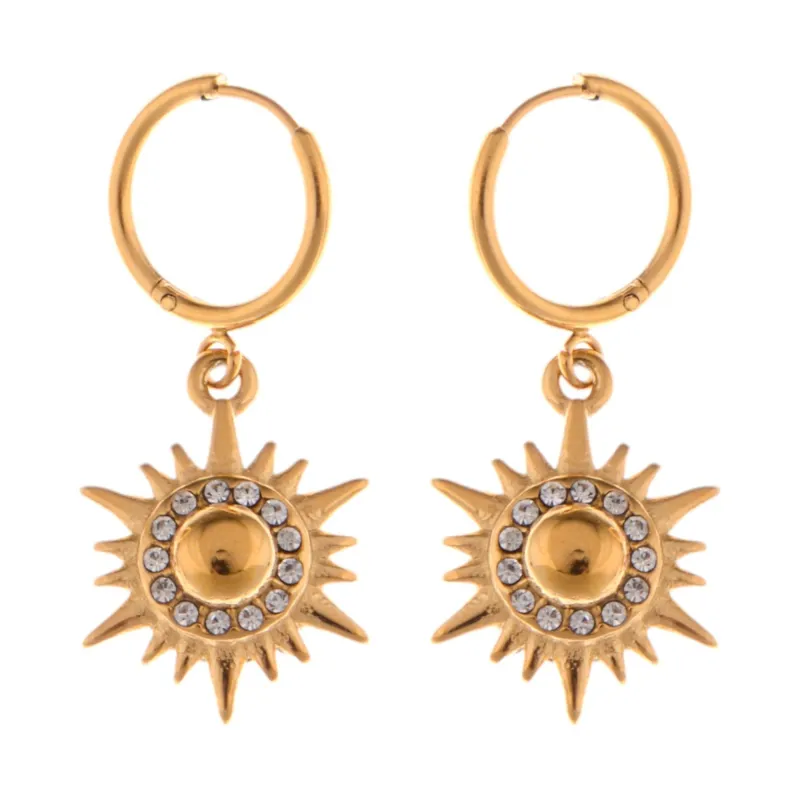Gold Tone Sunburst Dangle Fashion Earrings with Rhinestone Accents made by Anna-Kaci