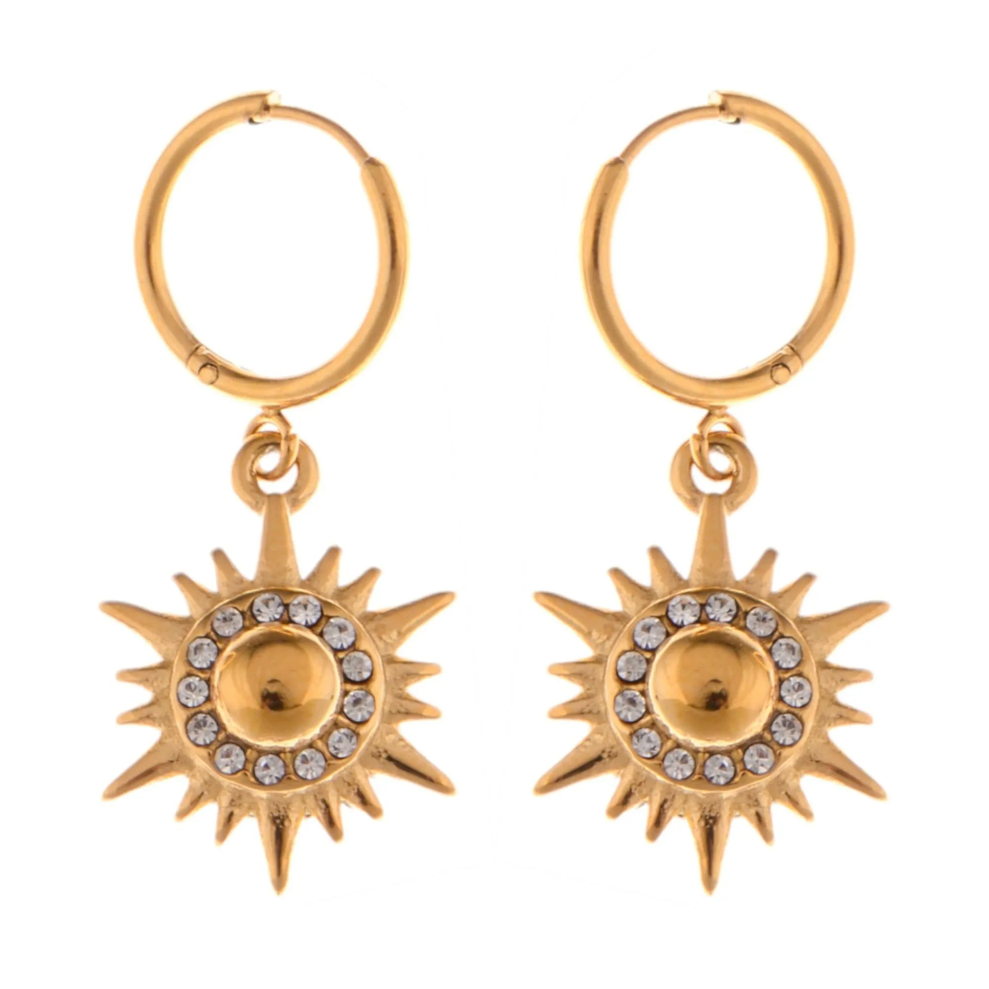 Gold Tone Sunburst Dangle Fashion Earrings with Rhinestone Accents sold by Anna-Kaci