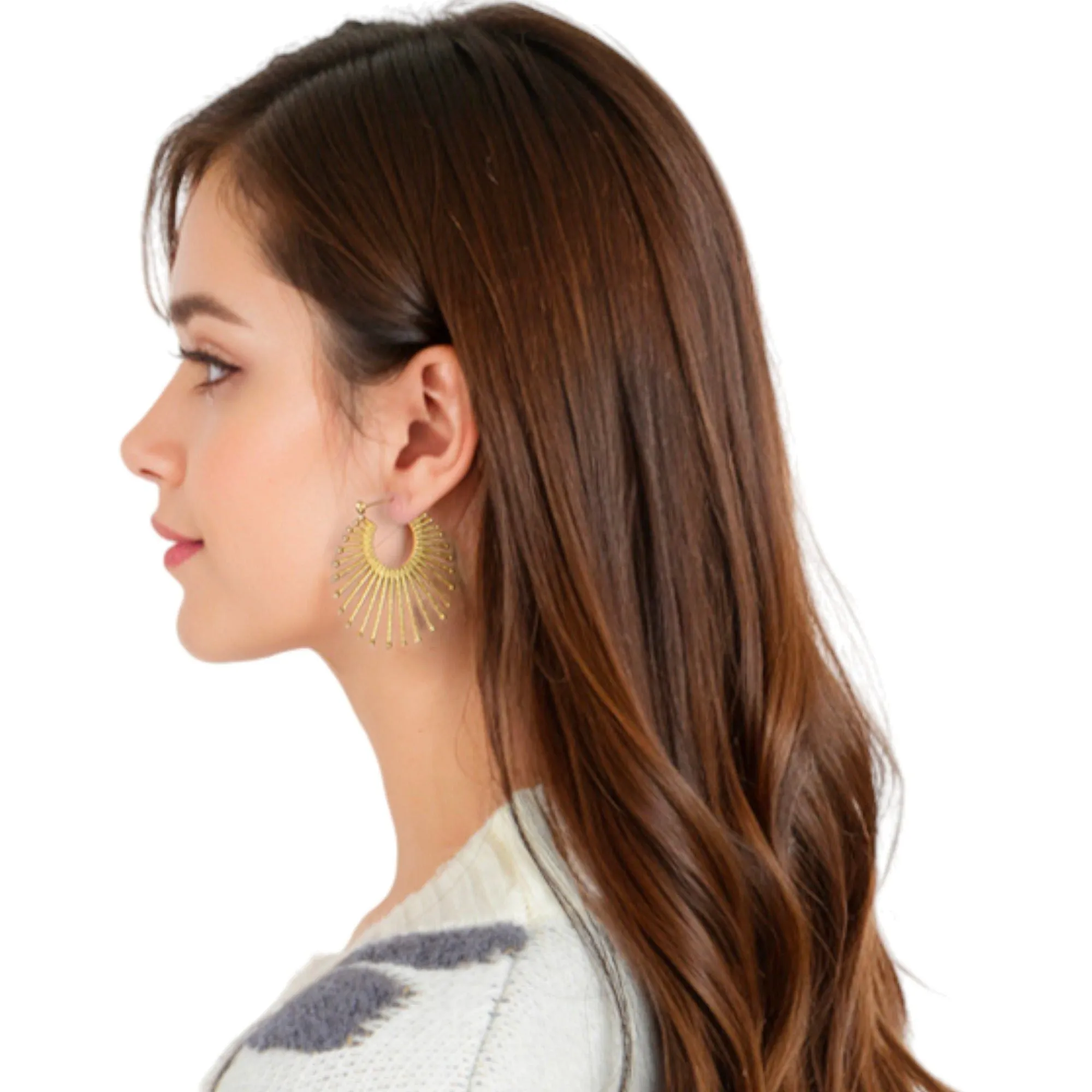 Gold Fan Hoop Fashion Earrings with Intricate Textured Detailing sold by Anna-Kaci product image thumbnail 4