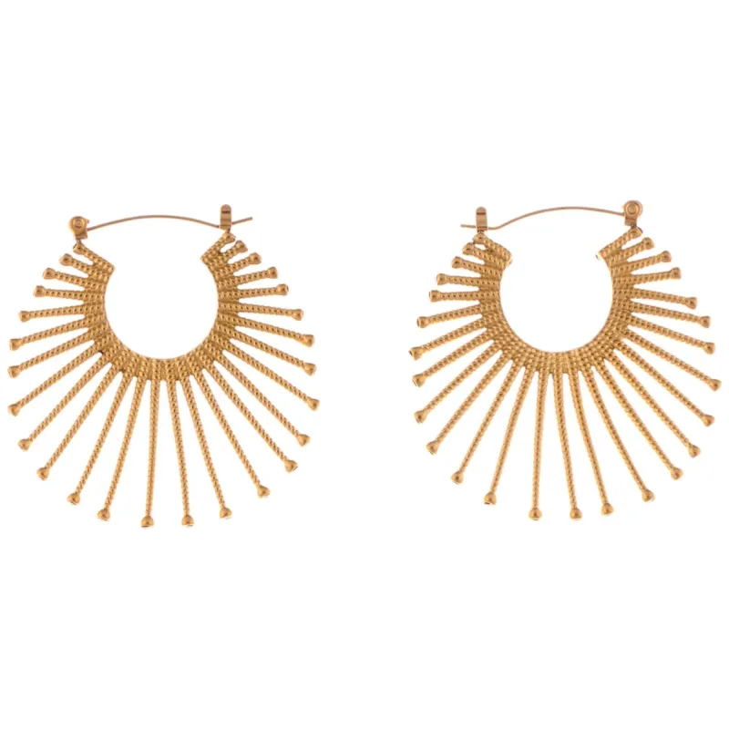 Gold Fan Hoop Fashion Earrings with Intricate Textured Detailing made by Anna-Kaci