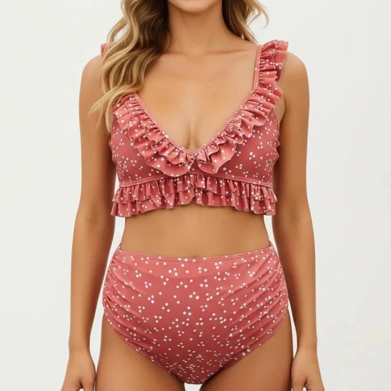 Women's Ruffled Maternity Bikini Set with High-Waisted Bottoms and Polka Dot Print made by Anna-Kaci