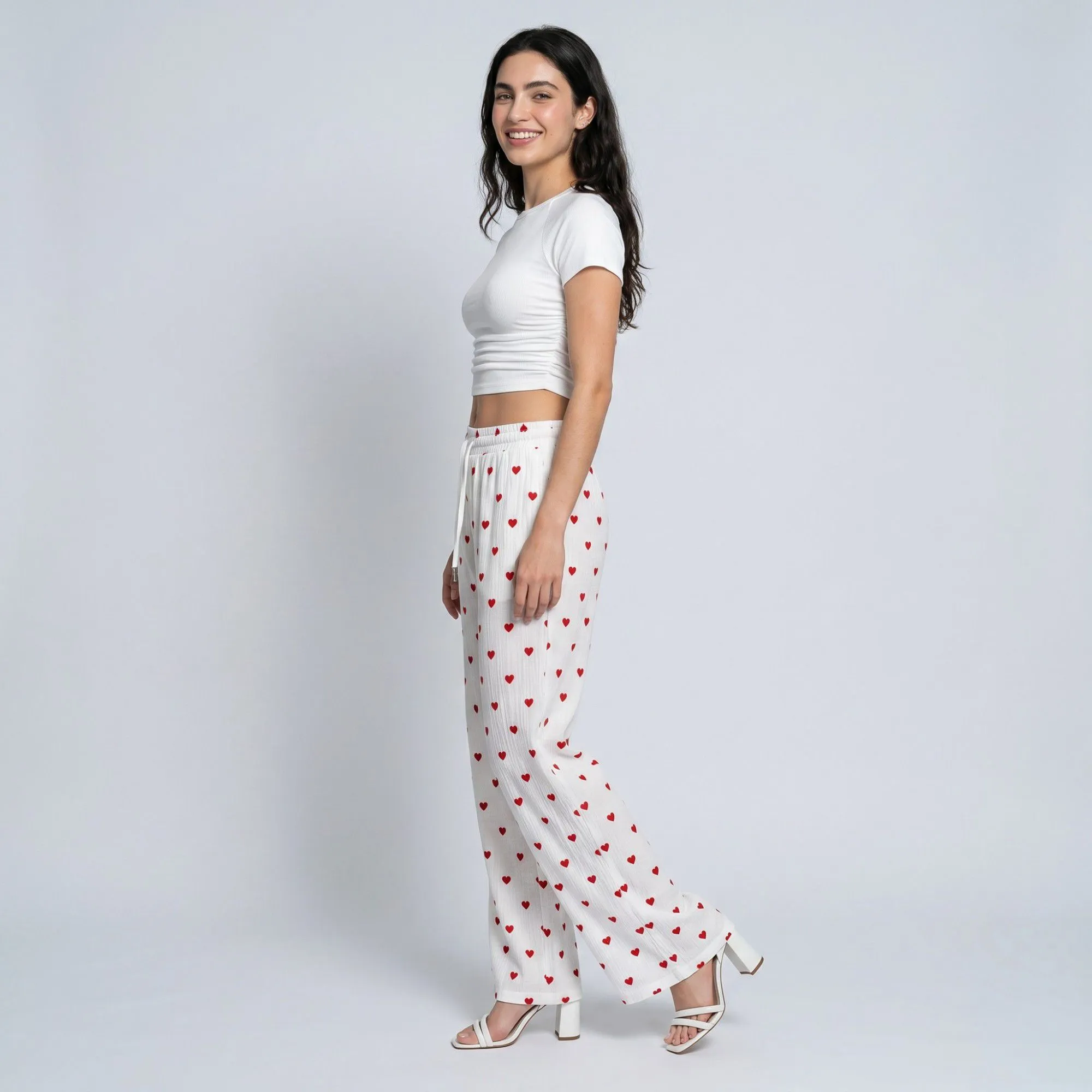 Heart Print Wide Leg Lounge Pants Elastic Drawstring Waist Casual Trousers with Pockets sold by Anna-Kaci product image thumbnail 3