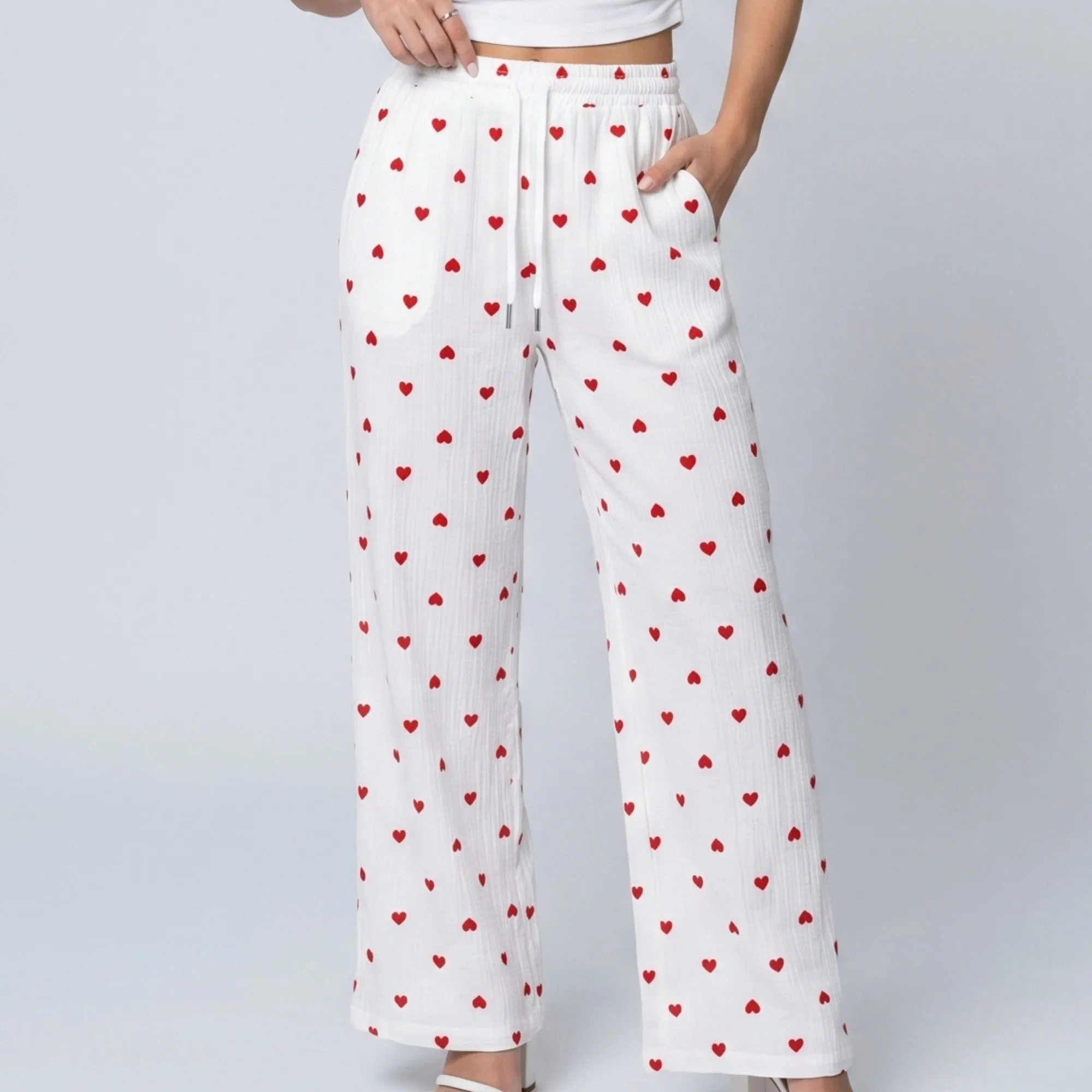 Heart Print Wide Leg Lounge Pants Elastic Drawstring Waist Casual Trousers with Pockets sold by Anna-Kaci