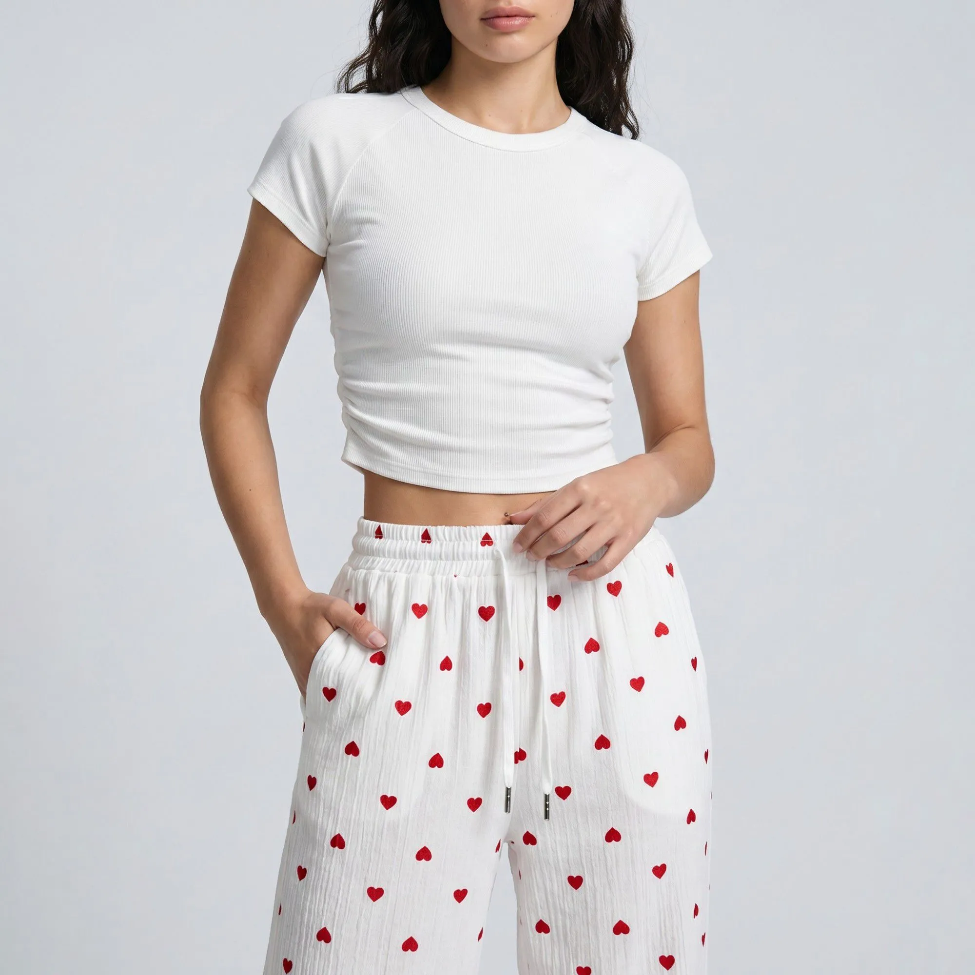 Heart Print Wide Leg Lounge Pants Elastic Drawstring Waist Casual Trousers with Pockets sold by Anna-Kaci product image thumbnail 5