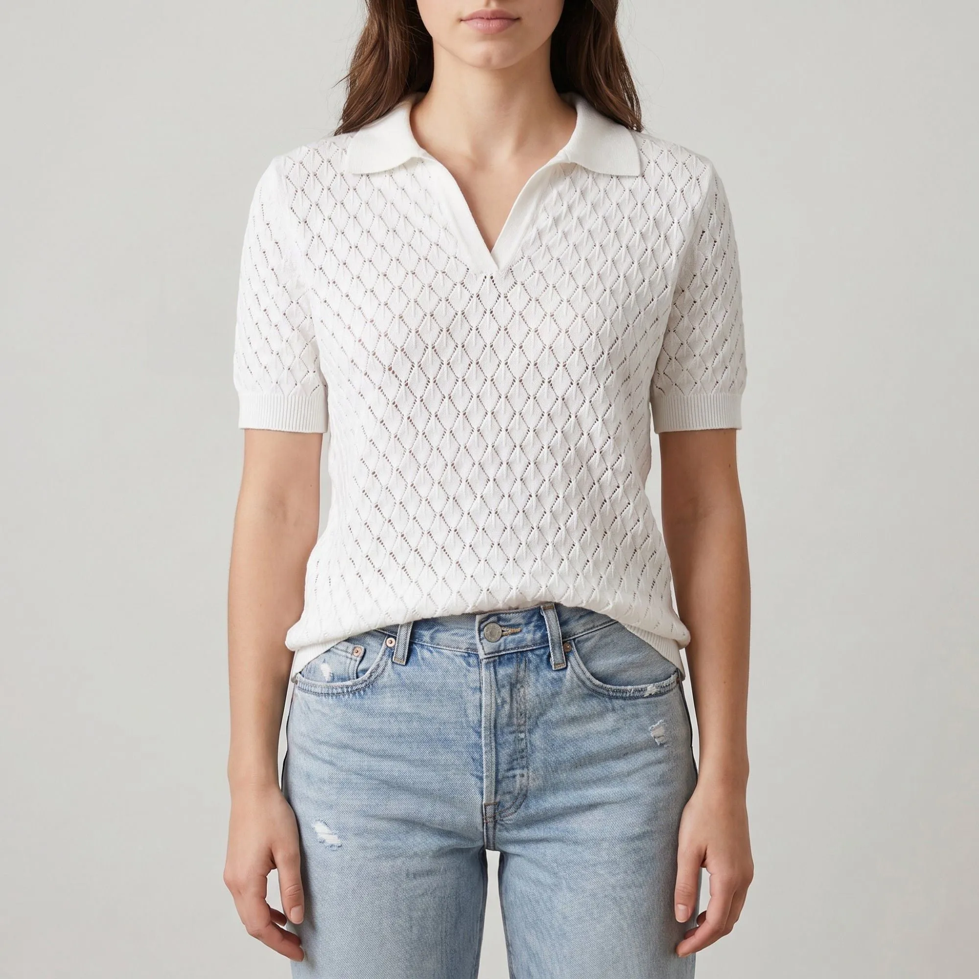 Pointelle Knit Polo Shirt Short Sleeve V-Neck Diamond Pattern Top sold by Anna-Kaci