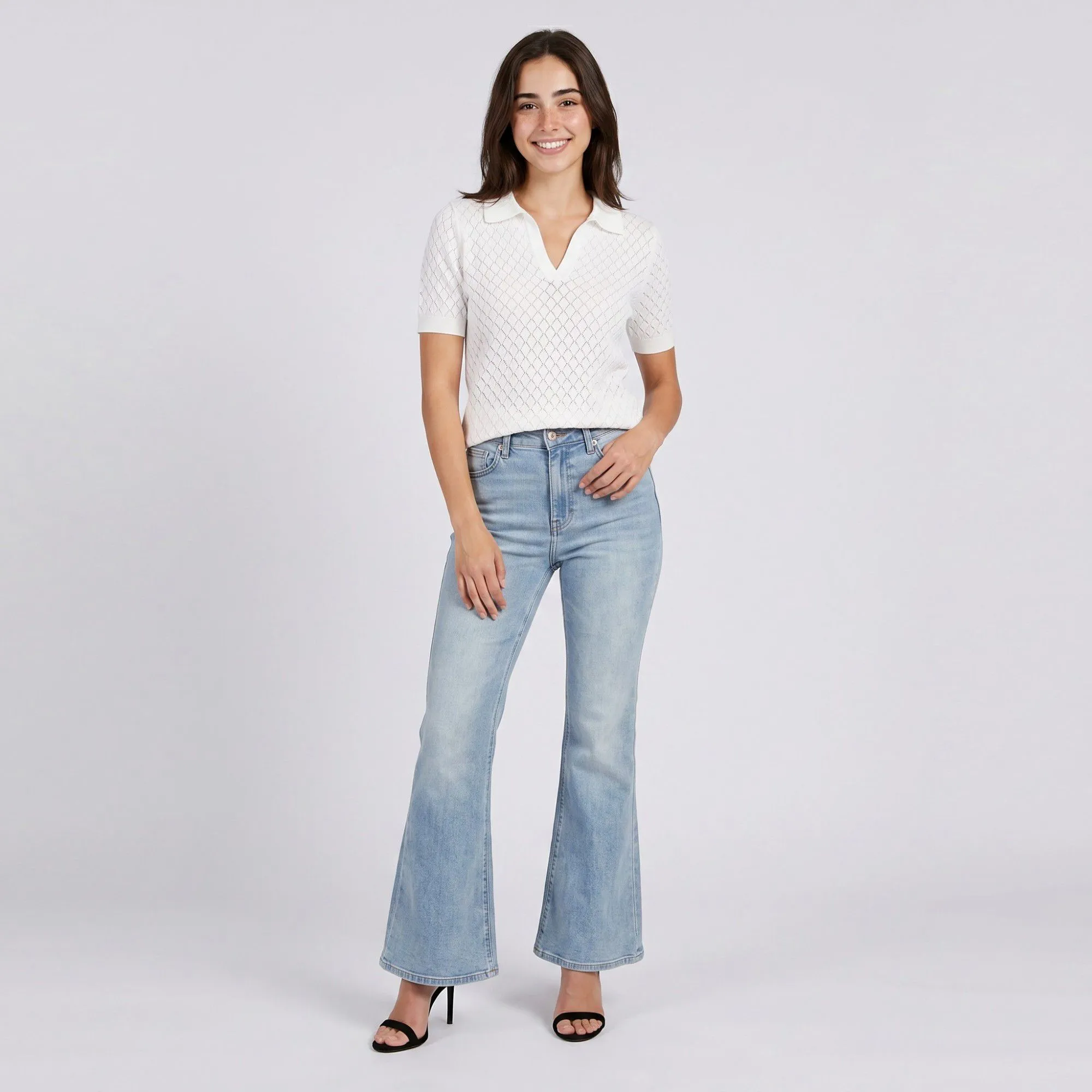 Pointelle Knit Polo Shirt Short Sleeve V-Neck Diamond Pattern Top sold by Anna-Kaci product image thumbnail 2