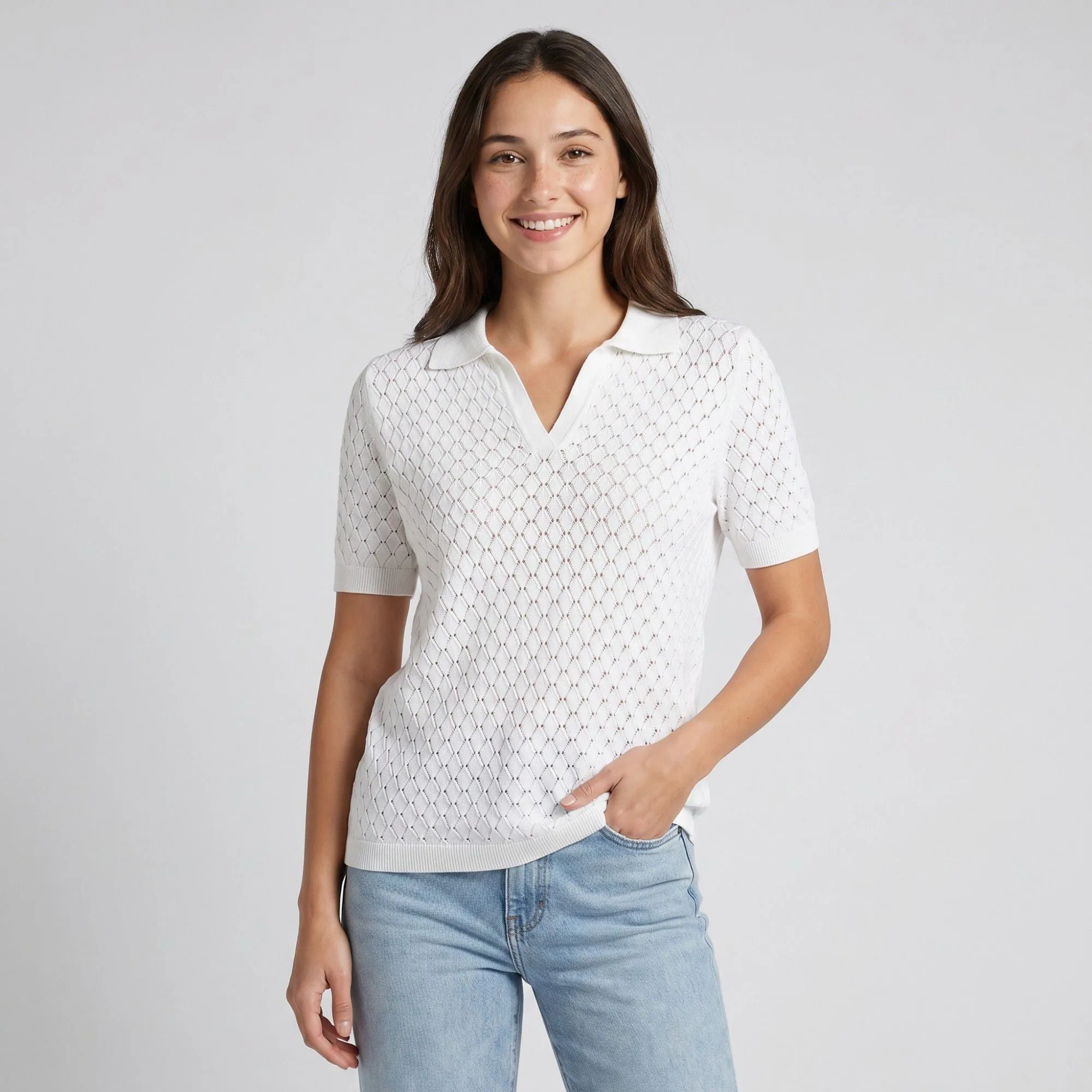 Pointelle Knit Polo Shirt Short Sleeve V-Neck Diamond Pattern Top sold by Anna-Kaci product image thumbnail 3
