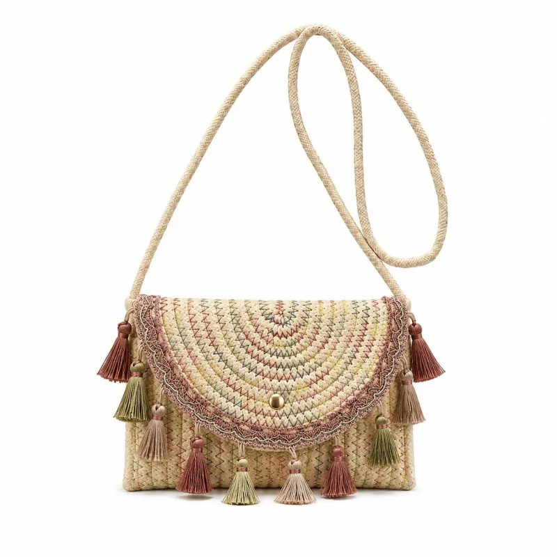 Boho Woven Fabric Crossbody Bag with Tassel Trim and Magnetic Closure made by Anna-Kaci
