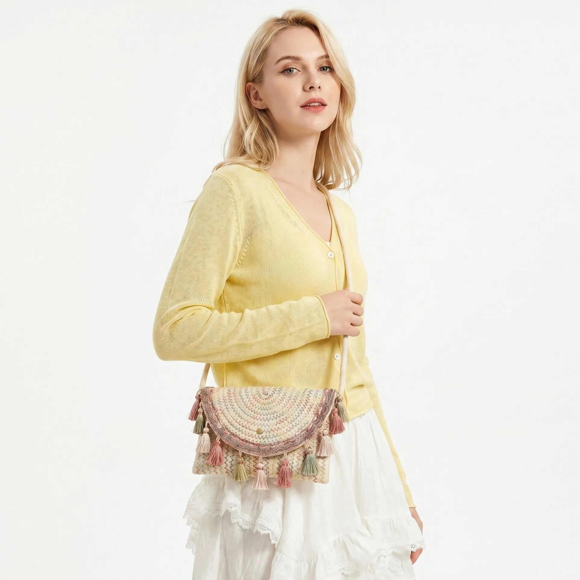 Boho Woven Fabric Crossbody Bag with Tassel Trim and Magnetic Closure sold by Anna-Kaci product image thumbnail 2