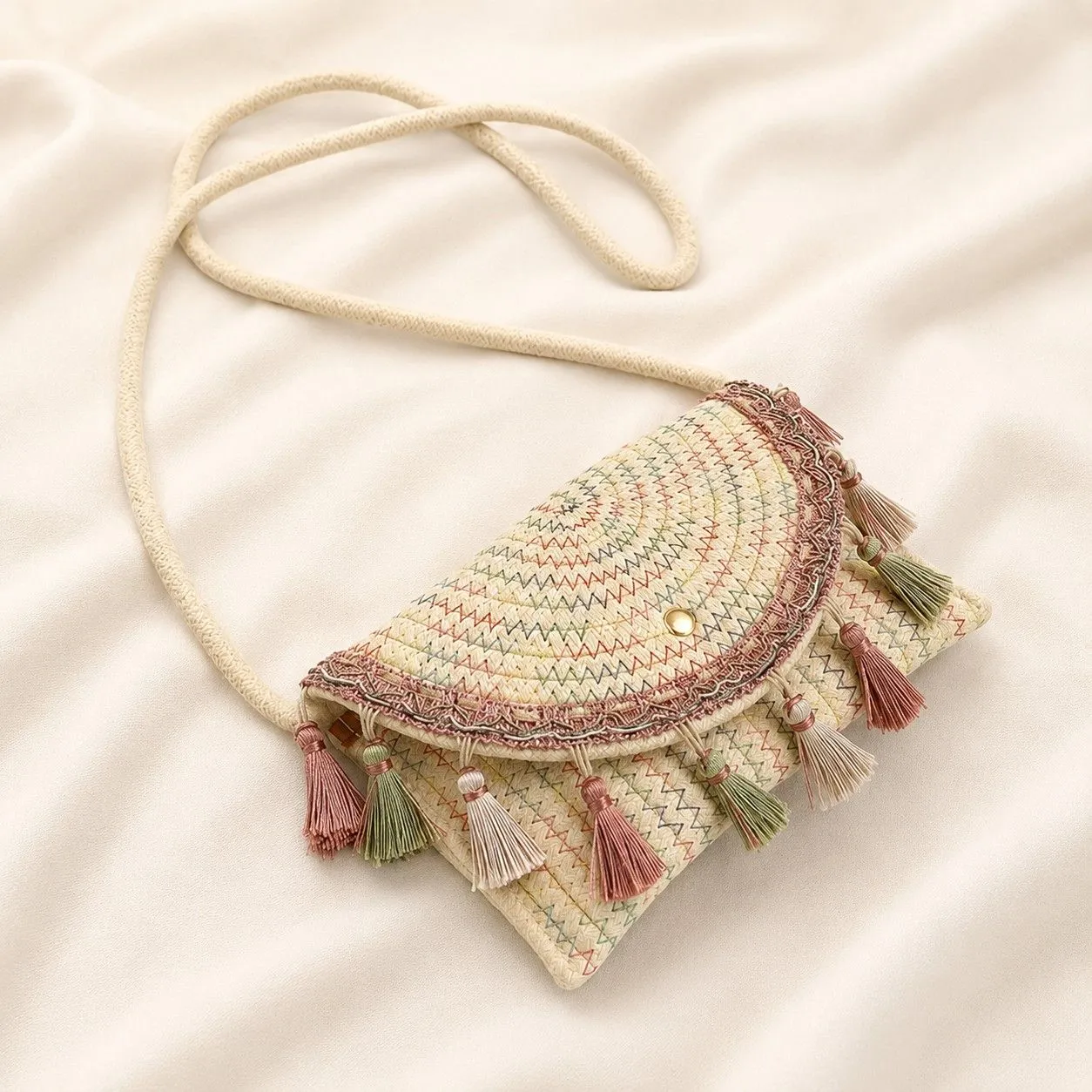 Boho Woven Fabric Crossbody Bag with Tassel Trim and Magnetic Closure sold by Anna-Kaci product image thumbnail 3