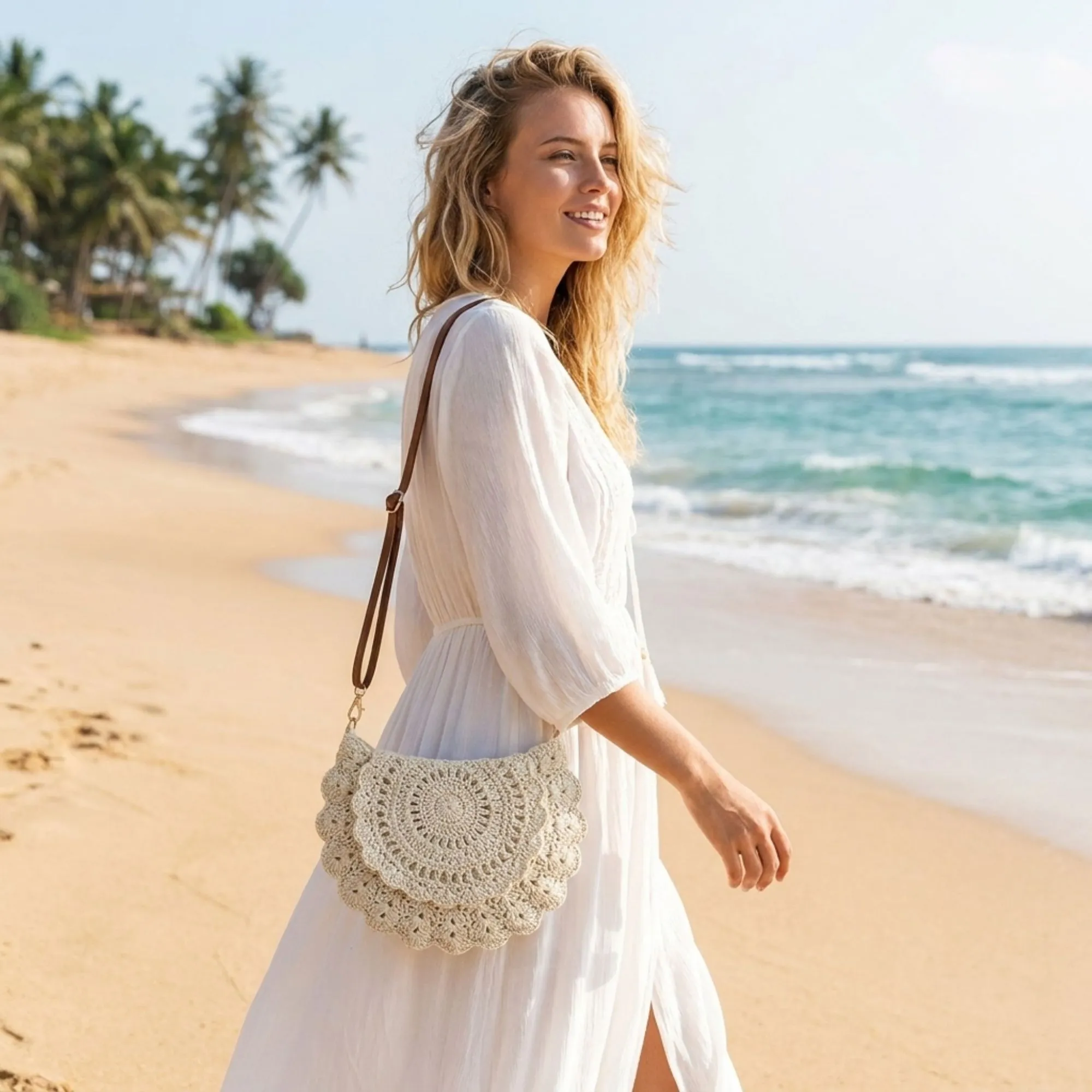 Crochet Crossbody Bag with Scalloped Flap and Adjustable Strap sold by Anna-Kaci product image thumbnail 2