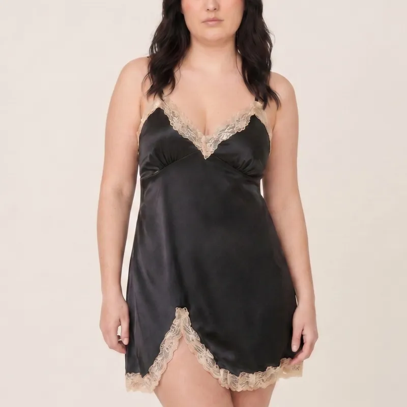 Plus Size Satin-Like Lace Trim Cami Nightgown with V-Neck Slim Straps Side Slit and Relaxed Fit made by Anna-Kaci