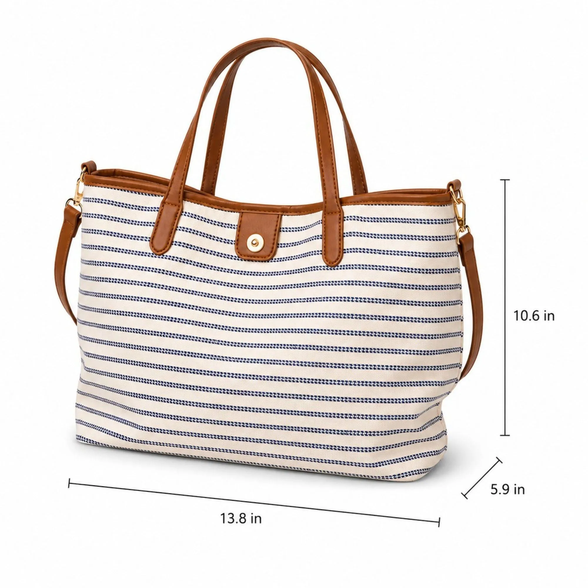 Striped Canvas Tote Bag with Faux Leather Trim and Large Capacity sold by Anna-Kaci product image thumbnail 5