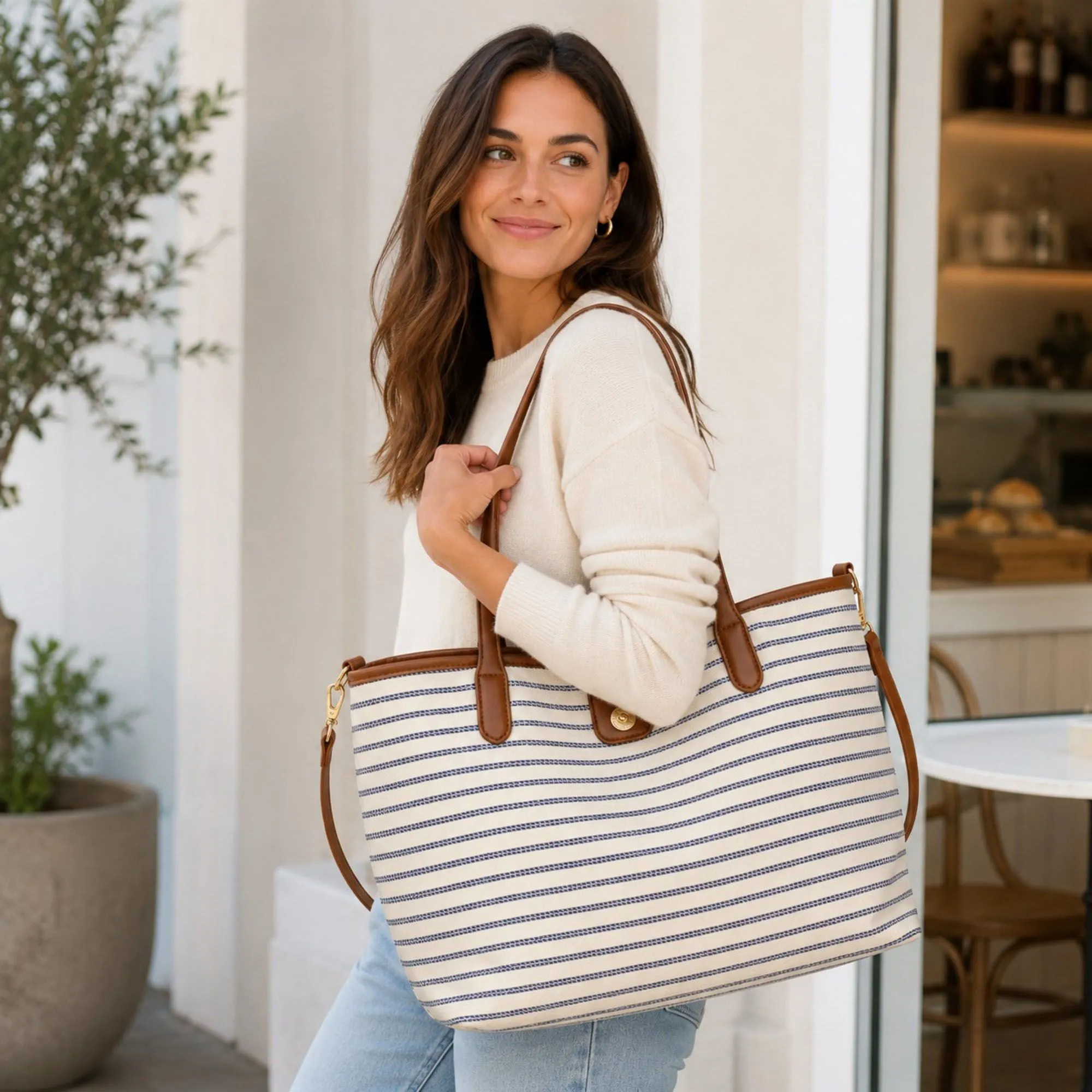 Striped Canvas Tote Bag with Faux Leather Trim and Large Capacity sold by Anna-Kaci product image thumbnail 2