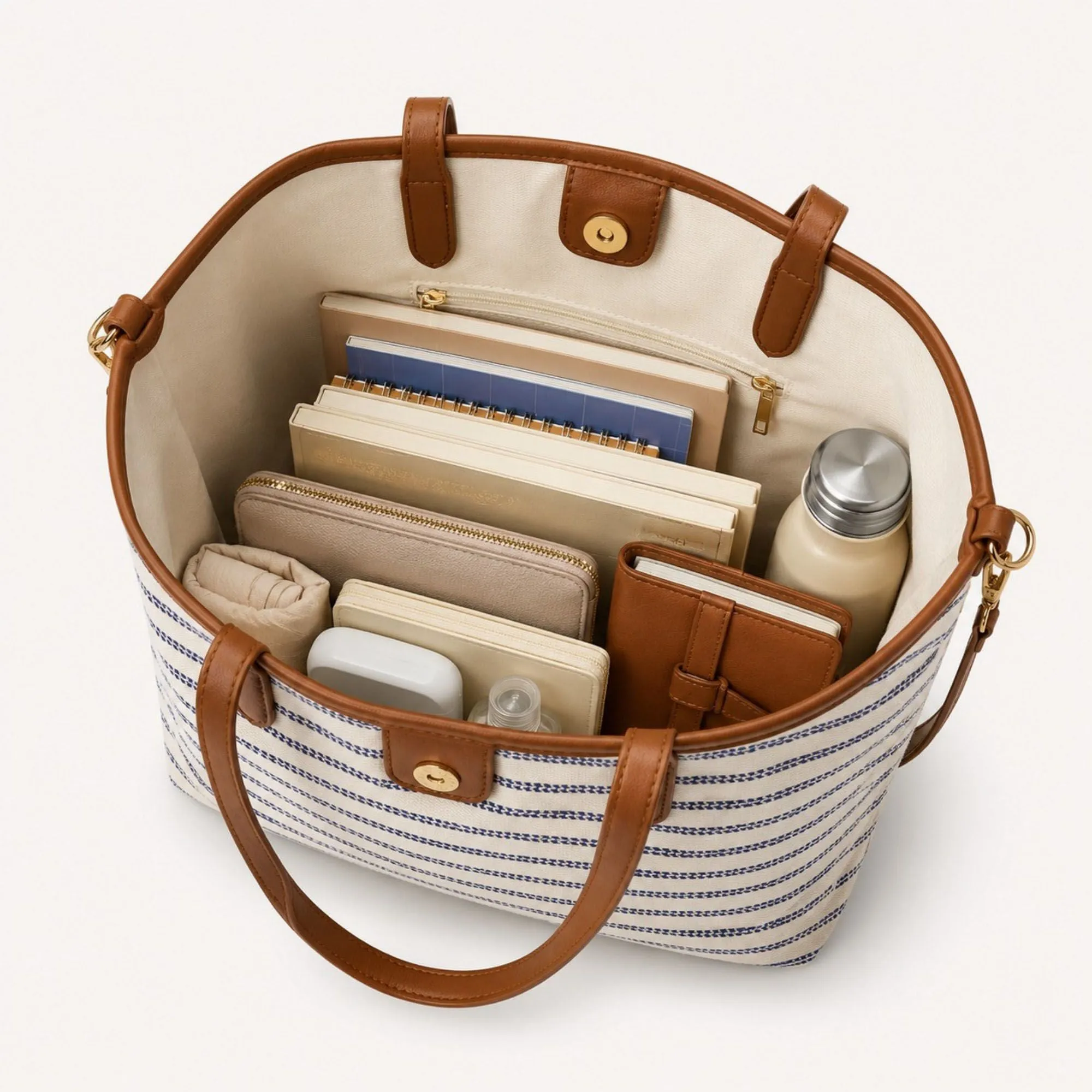 Striped Canvas Tote Bag with Faux Leather Trim and Large Capacity sold by Anna-Kaci product image thumbnail 3